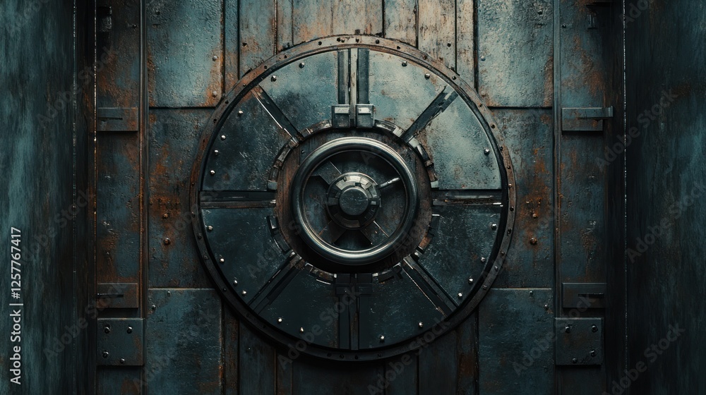Rusty metallic vault door with circular mechanism.