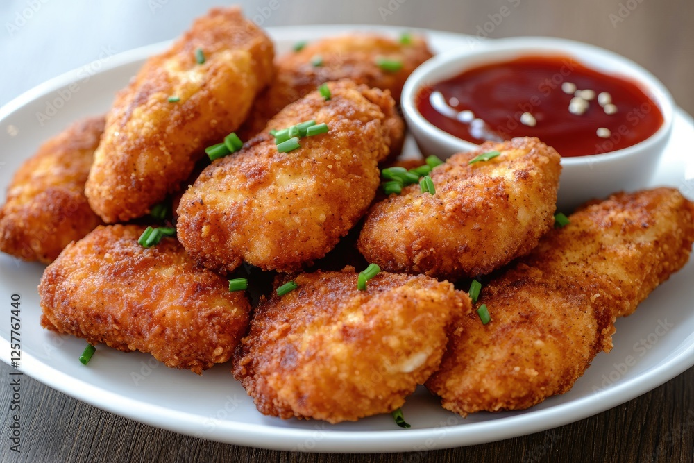 Crispy Chicken Fillet Bites with Sweet & Spicy Sauce, Top-down angle, basic brown cardboard, golden-brown crispy chicken fillets--boneless. Crispy Chicken Fillet Bites with Sweet & Spicy Sauce, Top-down angle, basic brown cardboard, golden-brown crispy chicken fillets--boneless.