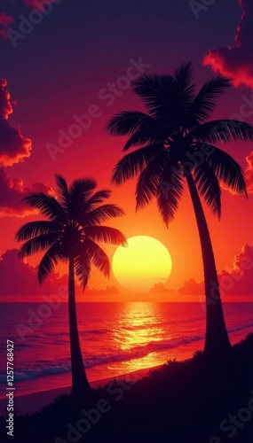 Silhouette of coconut palms at vibrant sunset, sky colors, nature photography