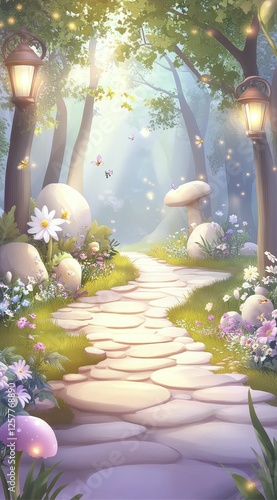 Pixellated Fairytale Pathway Through Magical Forest photo