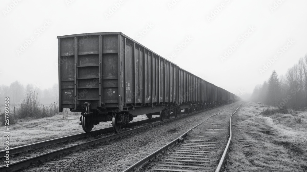 Fototapeta premium Long freight train on misty railway tracks