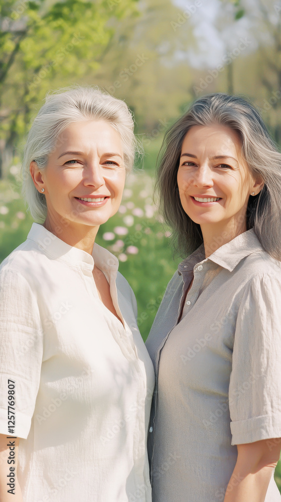 Two attractive mature women in their 50s Caucasian grey hair, spring season fashion casual, smiling, active healthy senior lifestyle, outdoors park friendship Two attractive mature women in their 50s Caucasian grey hair, spring season fashion casual, smiling, active healthy senior lifestyle, outdoors park friendship