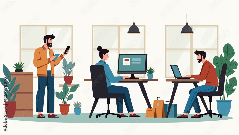 Illustration of people communicating remotely via laptops. Represents virtual meetings, teamwork, and online collaboration. Illustration of people communicating remotely via laptops. Represents virtual meetings, teamwork, and online collaboration.