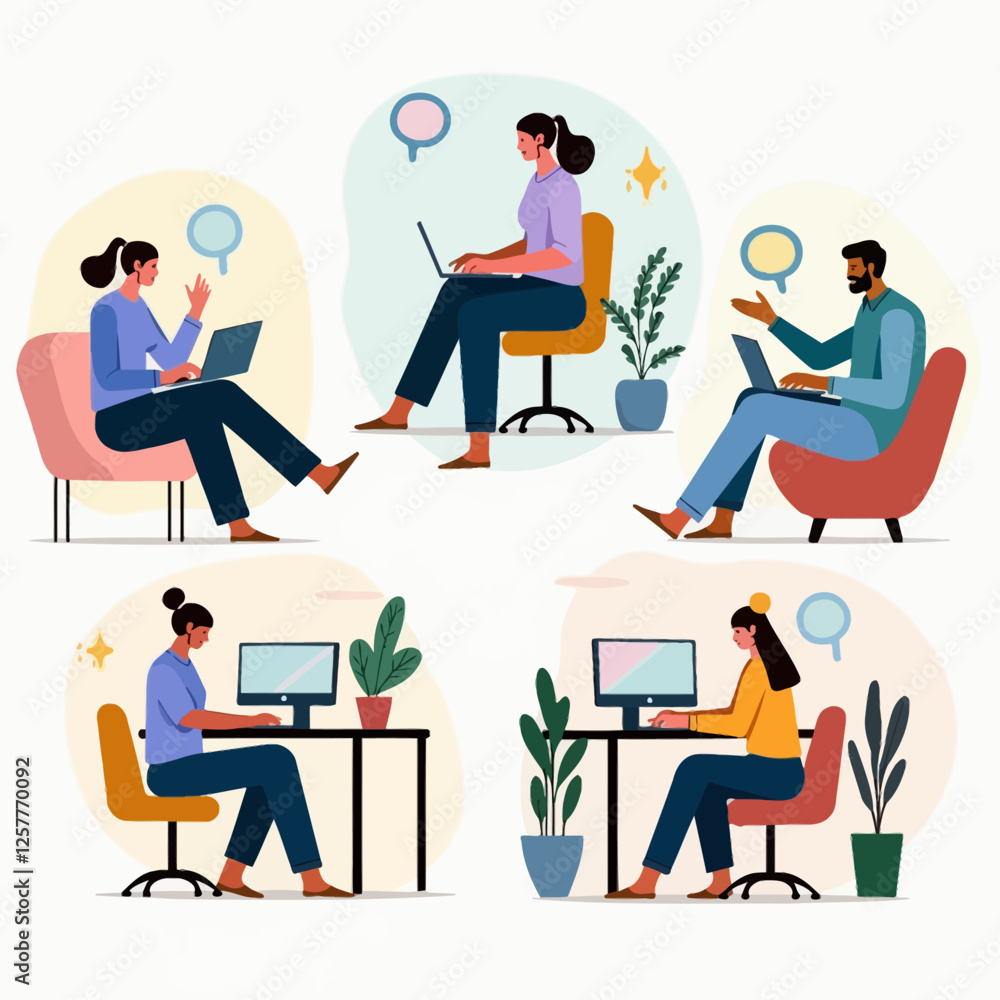 Illustration of people communicating remotely via laptops. Represents virtual meetings, teamwork, and online collaboration. Illustration of people communicating remotely via laptops. Represents virtual meetings, teamwork, and online collaboration.