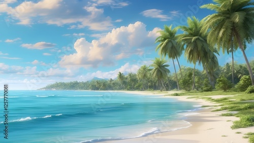 A serene beach scene with white sand, gentle waves