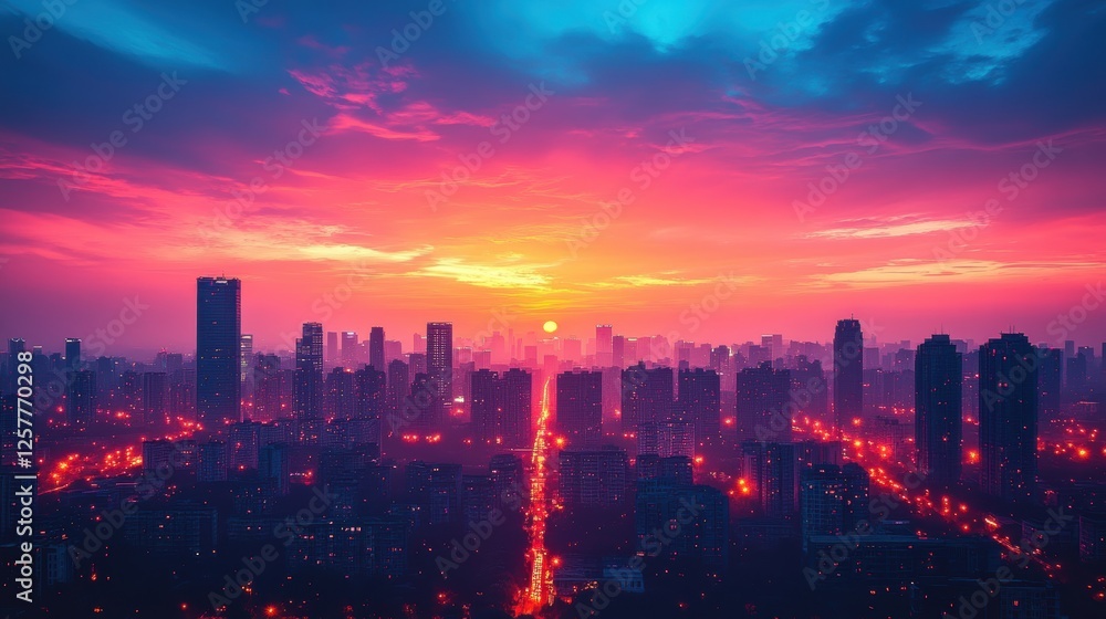 Fototapeta premium Expansive Urban Skyline With Sunset Colors on Horizon