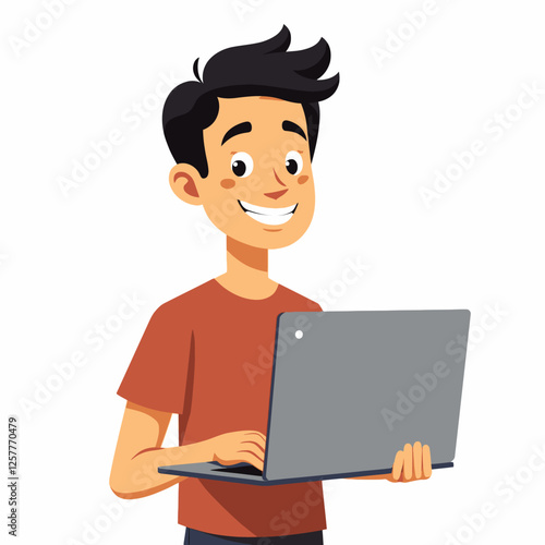 Illustration of a happy man working on a laptop with coffee and documents. Represents productivity, remote work, and freelance lifestyle.