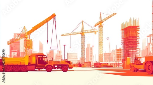 Construction Site Cityscape, Cranes, Trucks, Under Development photo