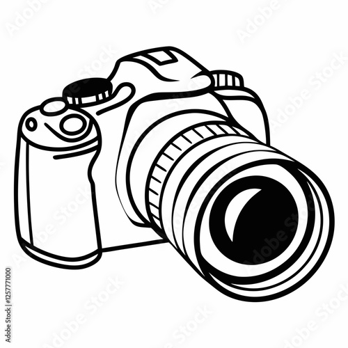 DSLR camera black silhouette vector, Simple silhouette Design vector icon with white background. A sleek, black silhouette of a DSLR/SLR camera.
