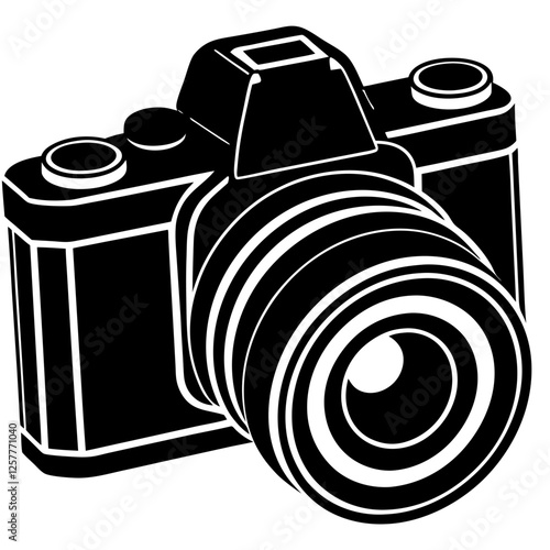 DSLR camera black silhouette vector, Simple silhouette Design vector icon with white background. A sleek, black silhouette of a DSLR/SLR camera.