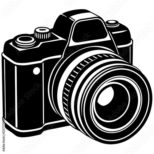 DSLR camera black silhouette vector, Simple silhouette Design vector icon with white background. A sleek, black silhouette of a DSLR/SLR camera.