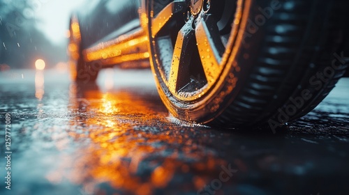 Rainy Night Car Tire on Wet Road with City Lights Background photo