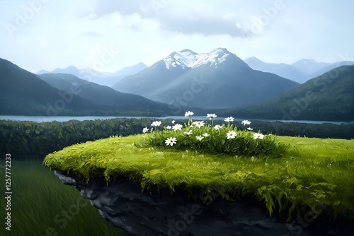 Majestic mountain vistas and vibrant floral meadows in a captivating neo expressionist acrylic painting showcasing a serene and enchanting rural landscape  Lush greenery blooming wildflowers photo