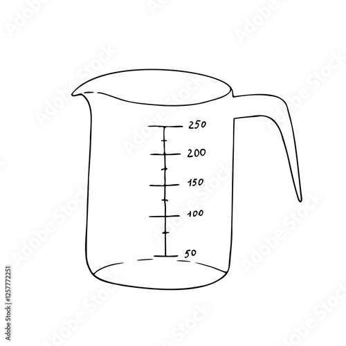 Vector measuring cup. Graphic ink Plastic kitchen tool illustration isolated on background. Hand drawn line sketch. For designers, prints, logo, icon, menu, postcards, holiday, covers