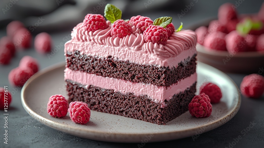 A piece of raspberry ice cream cake with chocolate layers, pink frosting A piece of raspberry ice cream cake with chocolate layers, pink frosting