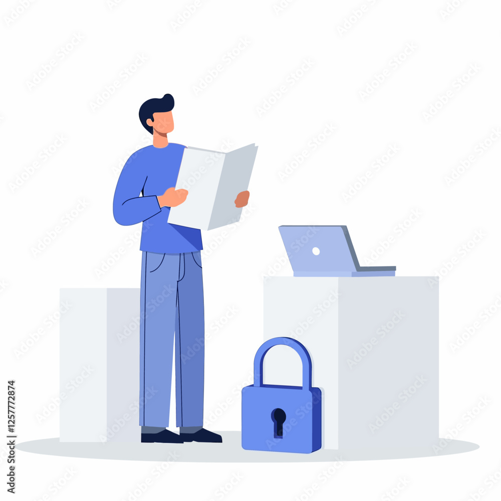 Illustration of a businessman managing secure data with a locked laptop. Represents information privacy, cyber safety, and secure access. Illustration of a businessman managing secure data with a locked laptop. Represents information privacy, cyber safety, and secure access.