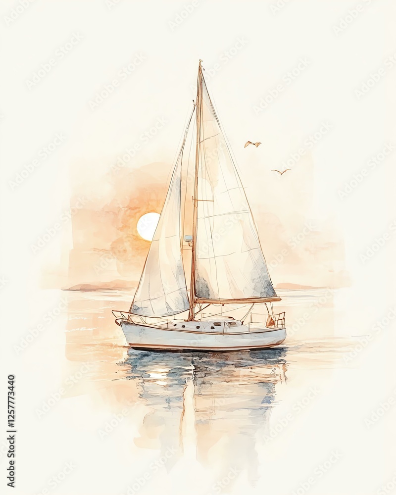 Fototapeta premium Sailing boat on calm waters at sunset.