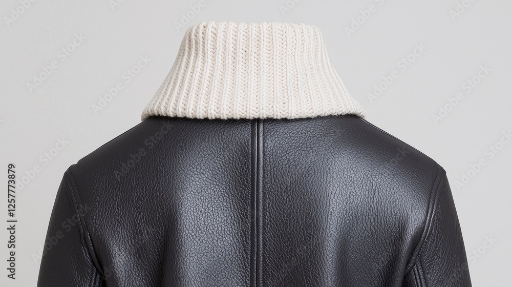 Leather Jacket with Knitted Collar, Studio Shot. Possible use Fashion catalog Leather Jacket with Knitted Collar, Studio Shot. Possible use Fashion catalog