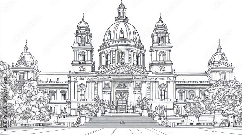 Grand church architectural sketch, city square, trees, steps Grand church architectural sketch, city square, trees, steps