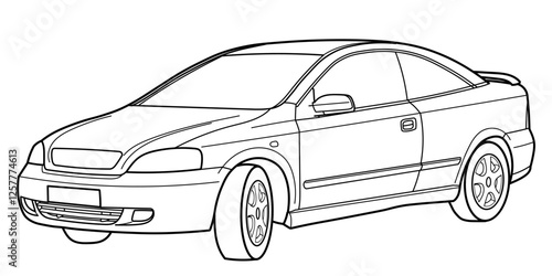 Сlassic sport coupe car from 90s, 00s, 3d side view. Different five view shot - front, rear, side and 3d. Outline doodle vector illustration