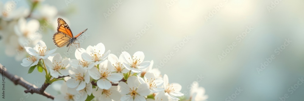 White blossoms and butterflies in a pristine white setting, soft lighting , white butterflies, petals White blossoms and butterflies in a pristine white setting, soft lighting , white butterflies, petals