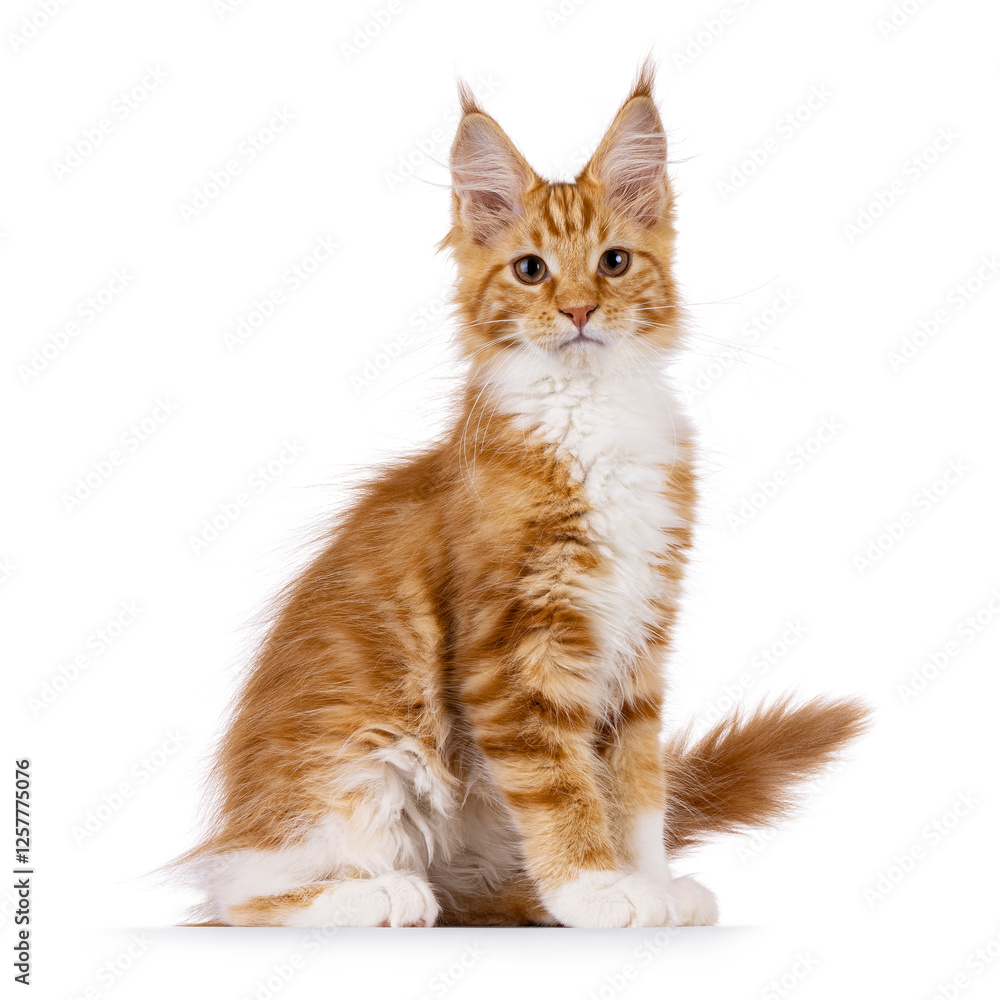 Fototapeta premium Cute red with white Maine Coon cat kitten, sitting up side ways. Looking curious to camera. isolated on a white backgroound.