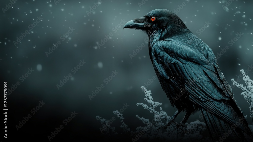 Fototapeta premium Raven perched, snowy winter forest backdrop