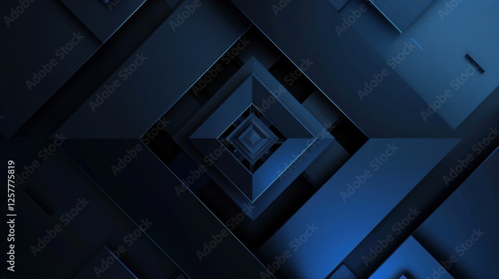 Obraz premium Dynamic Blue squares and triangles on a dark background. Geometric design for banner template with white space in the center for text. Simple modern wallpaper with copy space.