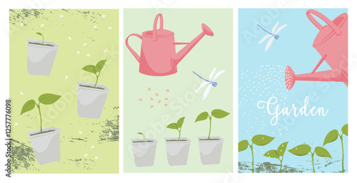 Gardening poster templates. Seedling. Watering can, Dragonfly. Set Elements for background, brochure covers, marketing materials, postcards