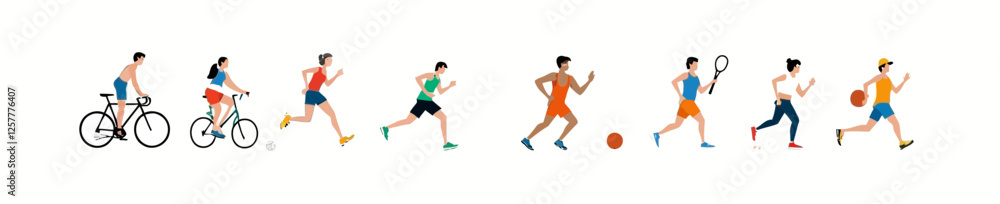 A collection of people engaging in various sports activities, including running, cycling, and playing basketball. A collection of people engaging in various sports activities, including running, cycling, and playing basketball.