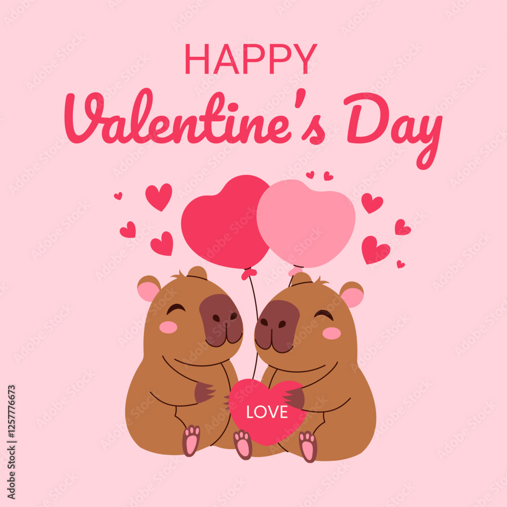 A cute cartoon of two brown capybaras hugging each other and holding a red heart. The image is titled A cute cartoon of two brown capybaras hugging each other and holding a red heart. The image is titled