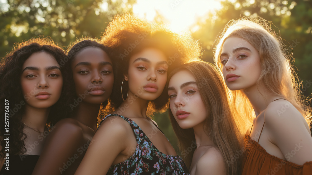 A diverse group of model woman, standing together in soft golden light. Natural beauty, warm and inspiring atmosphere. An audition or casting for a model. Generative AI. A diverse group of model woman, standing together in soft golden light. Natural beauty, warm and inspiring atmosphere. An audition or casting for a model. Generative AI.