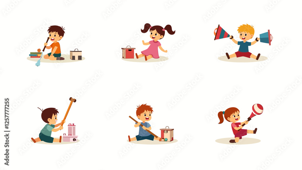 Illustration of children playing and learning together, representing early education, teamwork, and cognitive development. Illustration of children playing and learning together, representing early education, teamwork, and cognitive development.