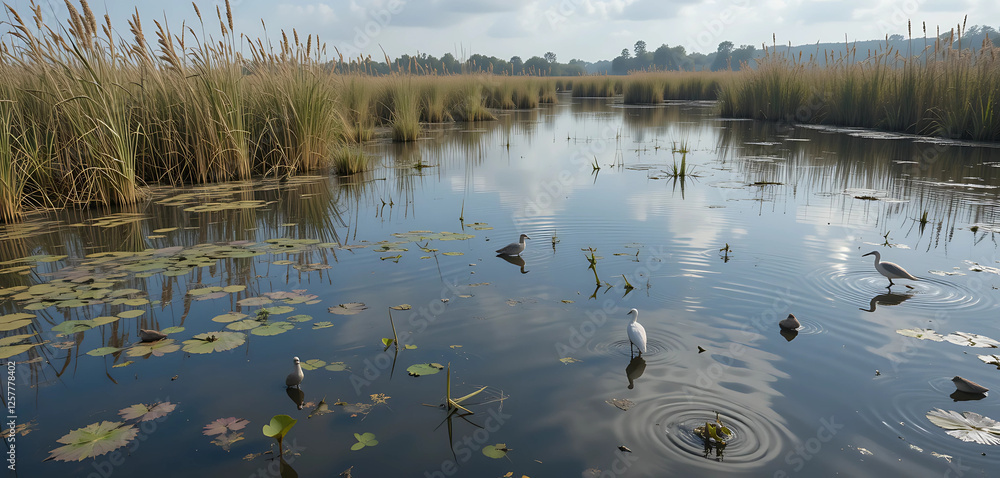 A serene wetland area with still water reflecting the sky, surrounded by tall reeds and vibrant water lilies. Birds and small wildlife can be seen going about their daily activities. A serene wetland area with still water reflecting the sky, surrounded by tall reeds and vibrant water lilies. Birds and small wildlife can be seen going about their daily activities.