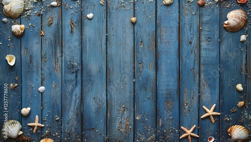 Fototapeta Naklejka Na Ścianę i Meble -  Blue weathered wood planks adorned with seashells and starfish