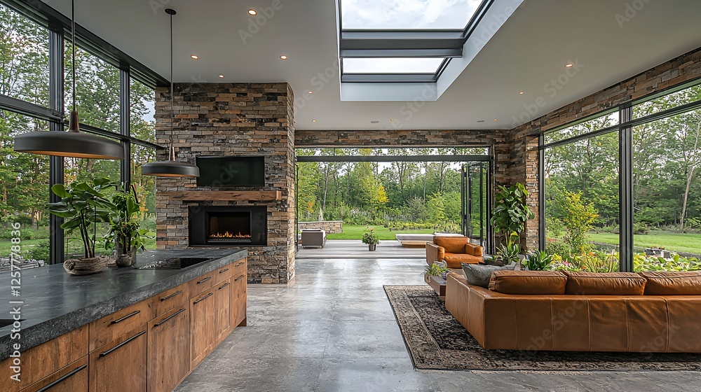Modern open-concept kitchen/living area with stone walls and patio access. Ideal for real estate, interior design, or home decor Modern open-concept kitchen/living area with stone walls and patio access. Ideal for real estate, interior design, or home decor