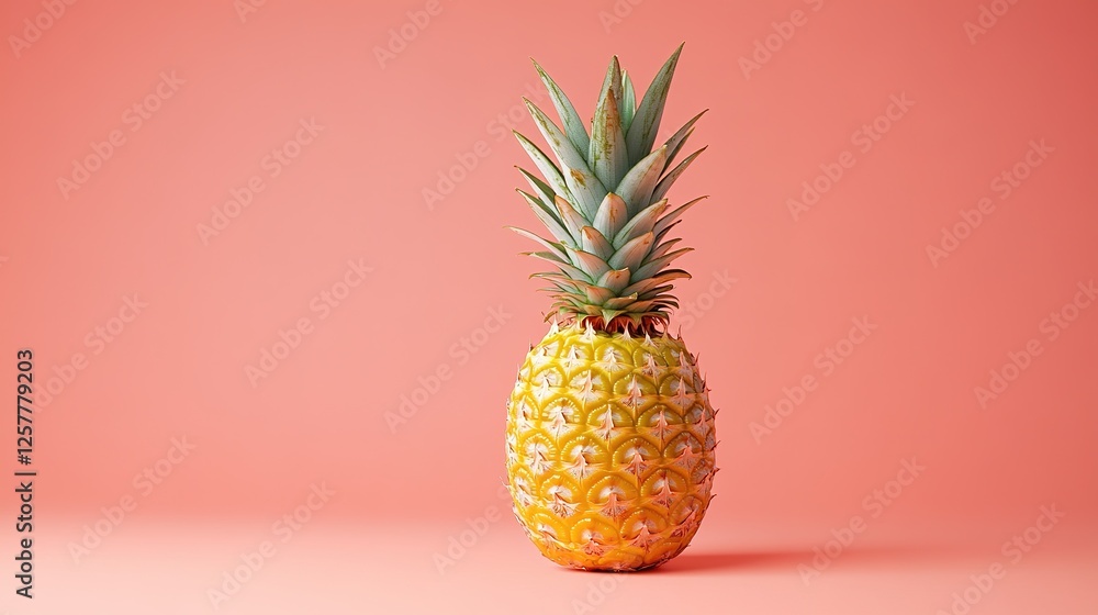 A single ripe pineapple on a pink background A single ripe pineapple on a pink background
