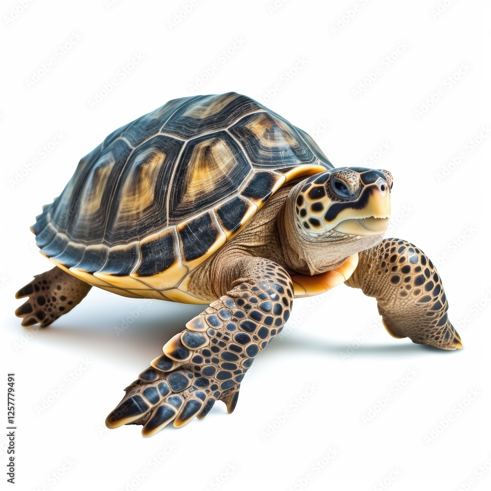 Obraz premium Isolated Turtle on White Background, Close-Up View, Realistic Details, Nature Wildlife, Animal Photography, Calm and Graceful Creature