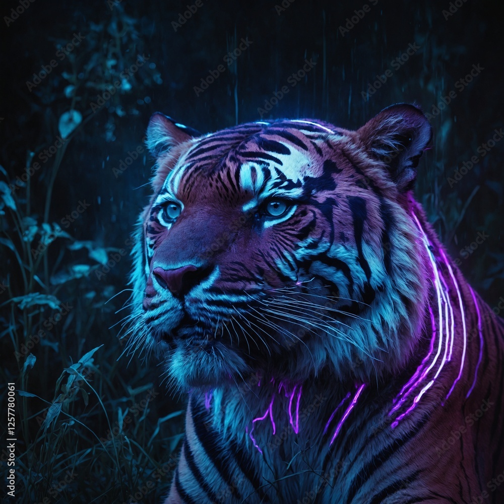 A digital painting of a neon-glowing tiger with electric blue and purple stripes. A digital painting of a neon-glowing tiger with electric blue and purple stripes.
