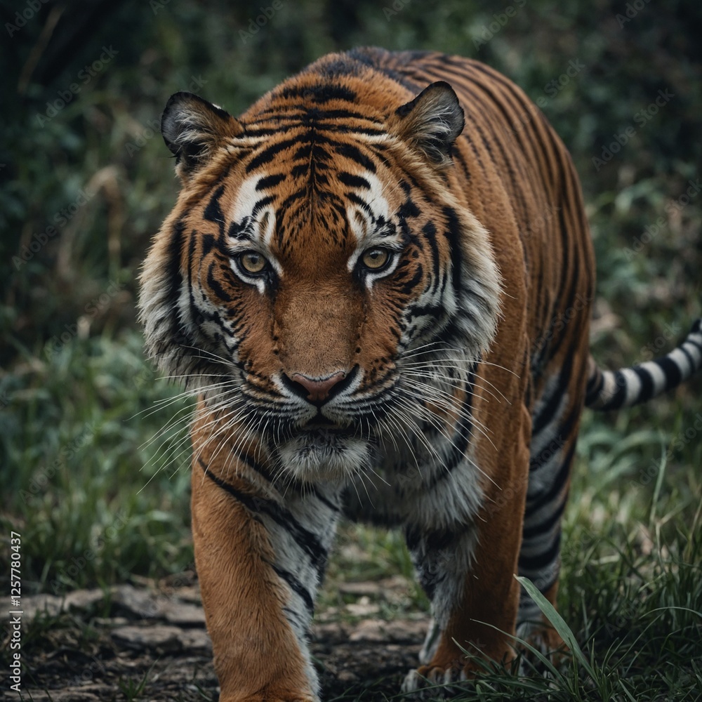 Obraz premium A tiger prowling towards the viewer, eyes locked in an intense gaze.