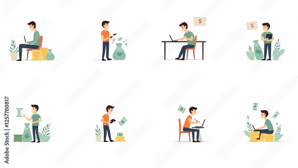 Illustration of people engaging in investment, passive income strategies, and financial independence, representing smart financial decisions. Illustration of people engaging in investment, passive income strategies, and financial independence, representing smart financial decisions.