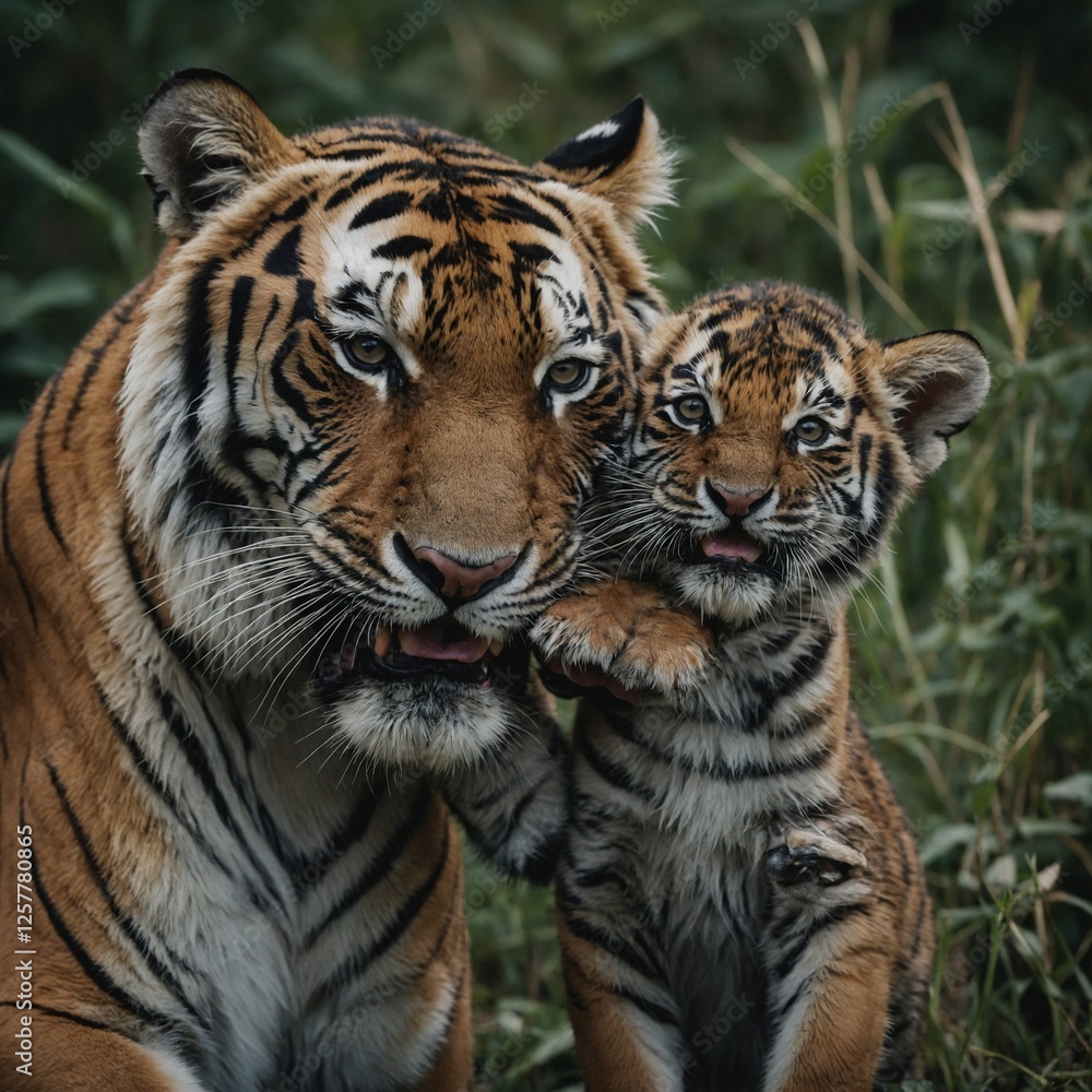 A mother tiger tenderly carrying her cub in her mouth. A mother tiger tenderly carrying her cub in her mouth.
