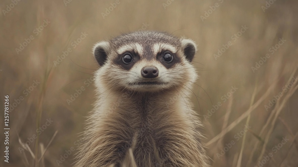 Obraz premium Curious meerkat in tall grass, wildlife portrait