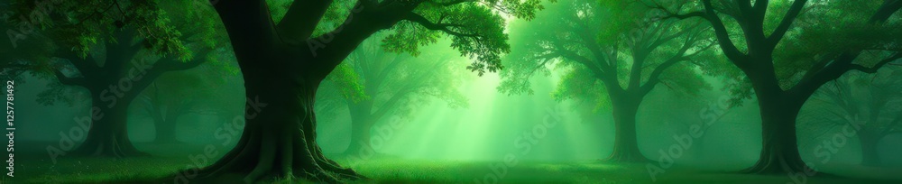 Emerald canopy shrouded in early morning mist, ancient trees dripping with moisture, mist, lush Emerald canopy shrouded in early morning mist, ancient trees dripping with moisture, mist, lush
