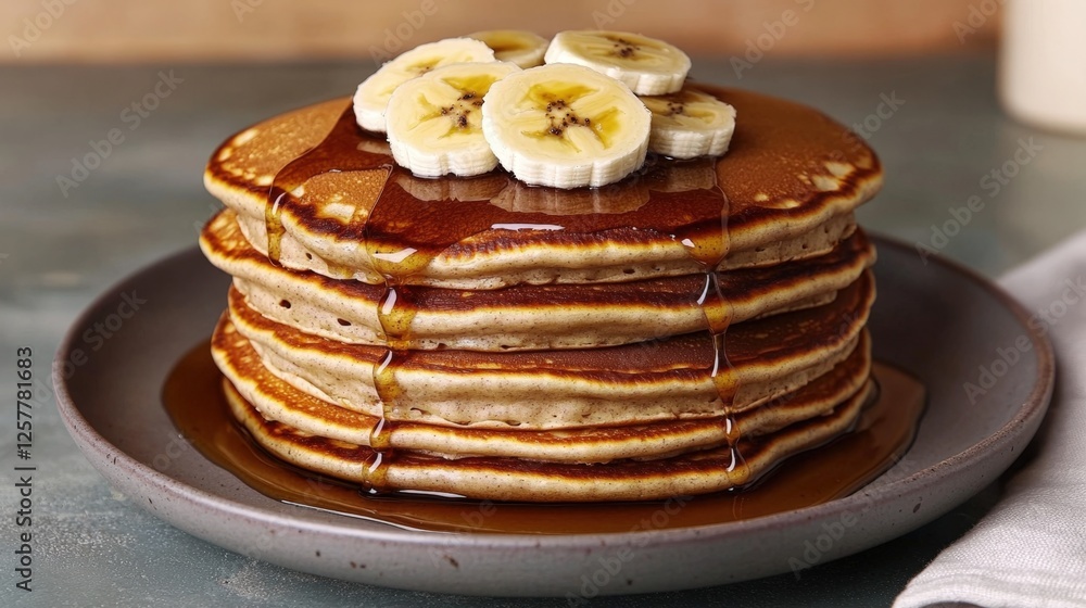 Gluten ingredients and digestive, Fluffy pancakes stacked high, topped with banana slices and drizzled with syrup, served on a gray plate. Gluten ingredients and digestive, Fluffy pancakes stacked high, topped with banana slices and drizzled with syrup, served on a gray plate.