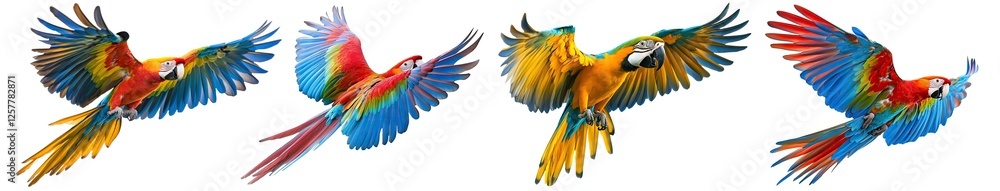 Fototapeta premium Set of colorful parrots flying with wide-spread wings, isolated on transparent cutout background