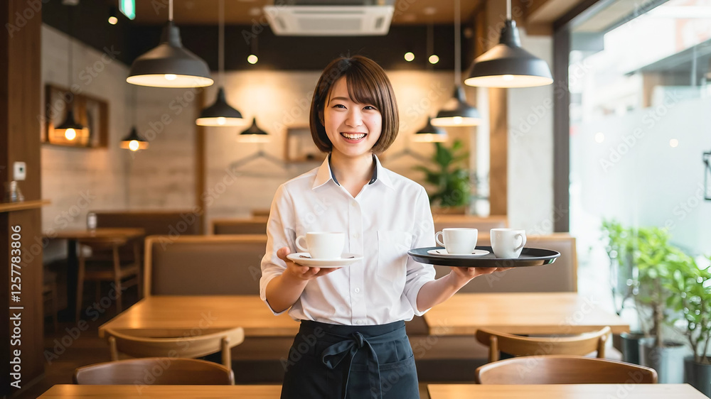 Smiling Japanese Female Waitress Serving Coffee in a Cafe Smiling Japanese Female Waitress Serving Coffee in a Cafe