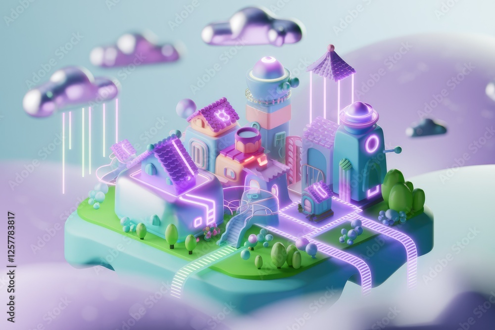 Obraz premium A whimsical, pastel-colored 3D rendered island city with glowing neon accents, showcasing unique architecture and playful details.
