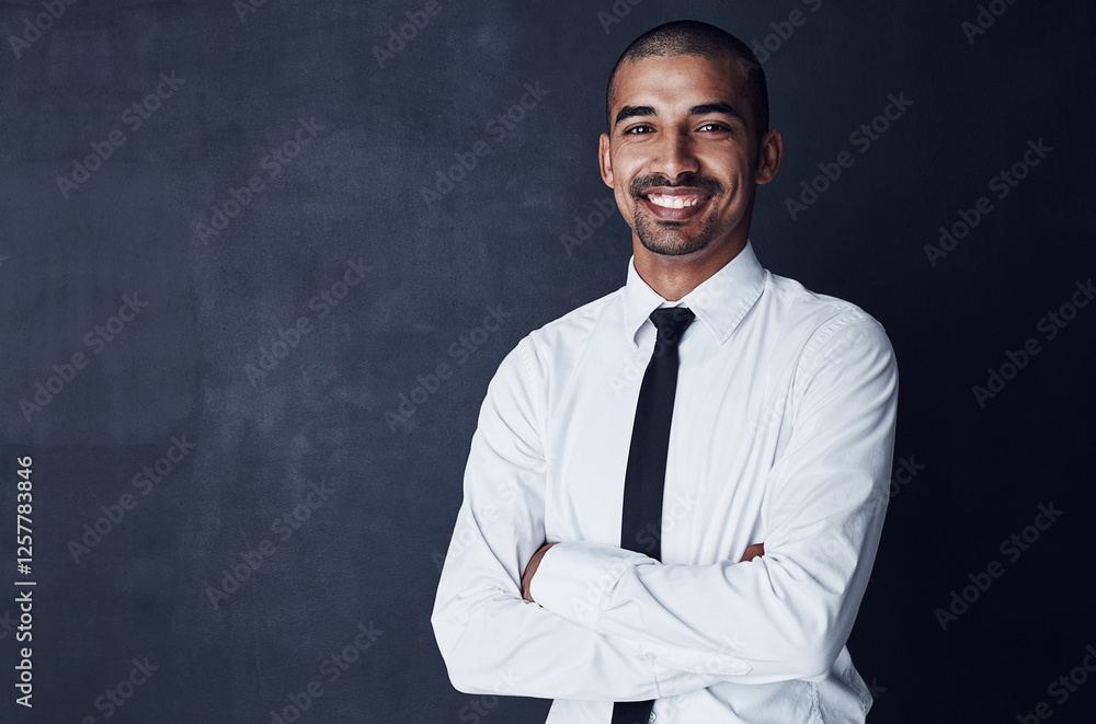 Happy, portrait and businessman with confidence on space for career development on a dark studio background. Man, employee or model with smile or arms crossed for creative job or startup on mockup Happy, portrait and businessman with confidence on space for career development on a dark studio background. Man, employee or model with smile or arms crossed for creative job or startup on mockup