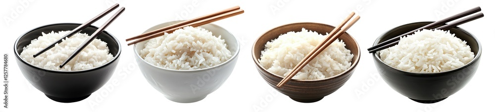 Set of delicious freshly cooked white rice in bowls with chopsticks, isolated on transparent cutout background Set of delicious freshly cooked white rice in bowls with chopsticks, isolated on transparent cutout background